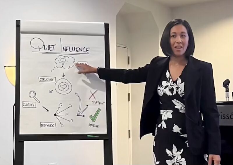 Laura Flessner pointing to a chart about quiet influence